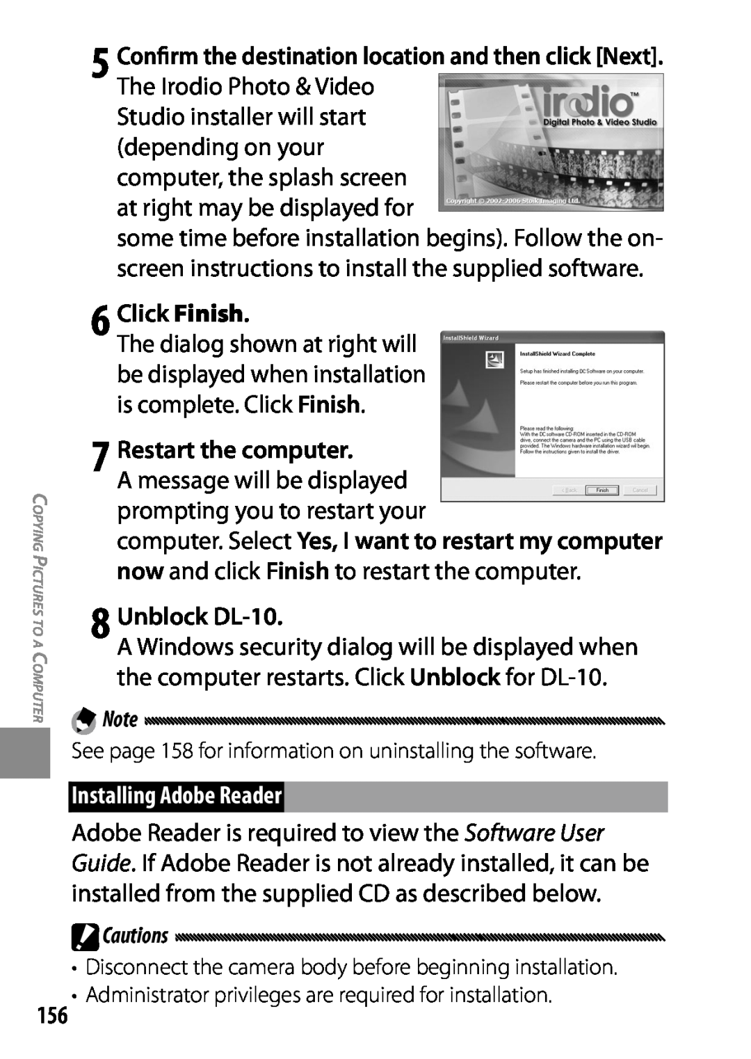 Ricoh GXR manual 6 Click Finish, 7 Restart the computer, computer. Select Yes, I want to restart my computer, Unblock DL-10 